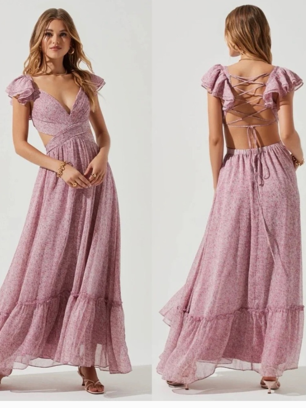 ASTR Floral Lace-Up Back Maxi Dress in Dusty Pink